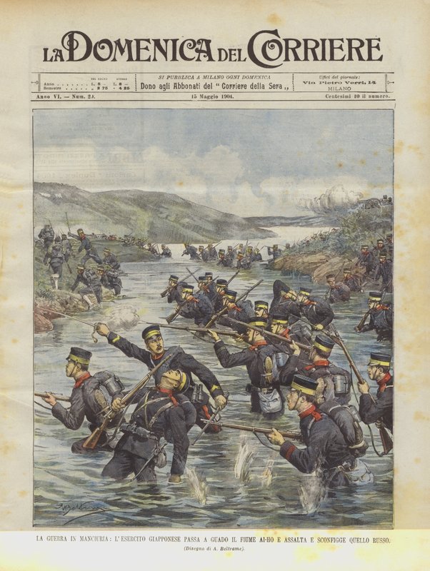A guerra na Manchúria, o exército japonês passa o rio Ai-Ho e assalta e derrota o russo de Achille Beltrame
