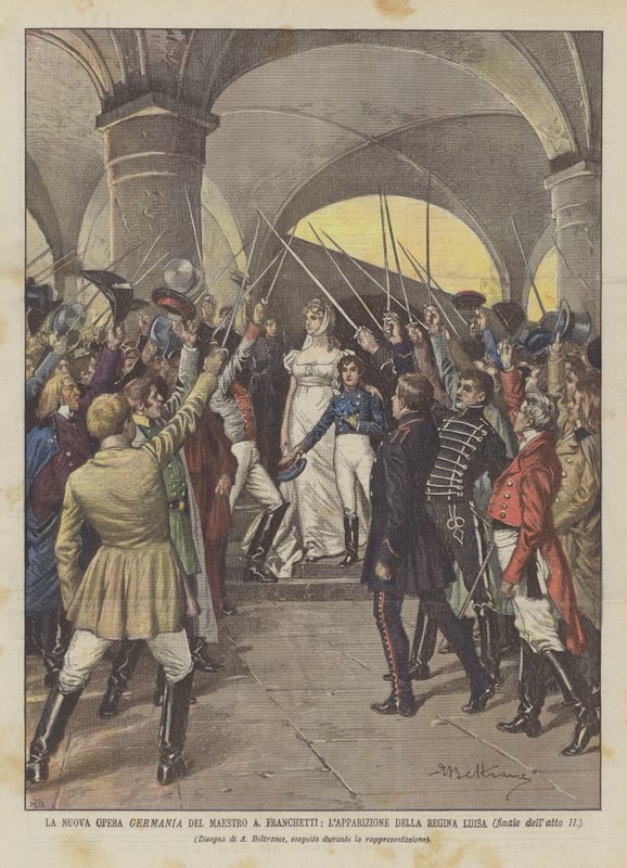A ópera nova Alemanha do mestre em Franchetti, A aparição da rainha Luisa (ato final II) de Achille Beltrame