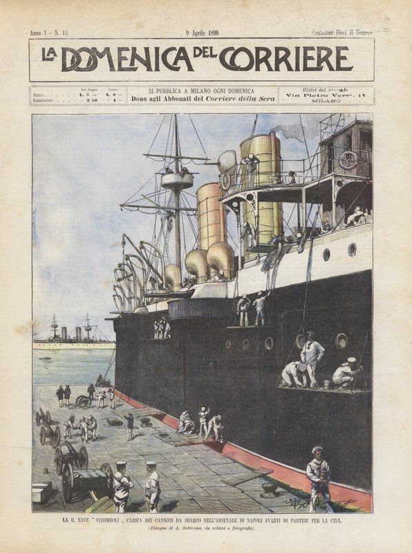 A carga de Stromboli do navio de R dos canhões de aterragem no arsenal de Nápoles antes de deixar para a China de Achille Beltrame