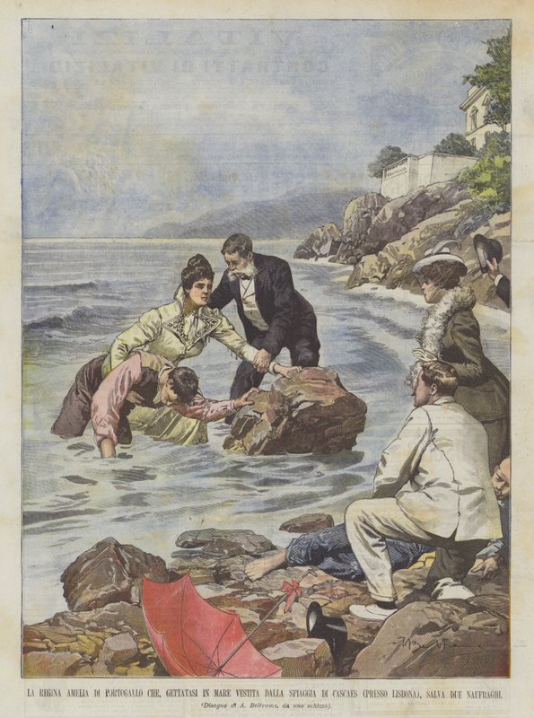 A Amelia Rainha De Portugal Quem, Sentada No Mar Vestida Na Praia De Cascaes de Achille Beltrame