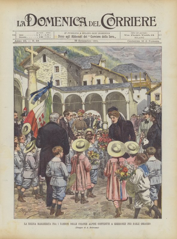 A rainha Margherita entre as crianças das colônias alpinas soldadas a Gressoney para cumprimentá-la de Achille Beltrame