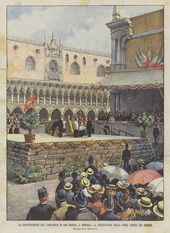 A Reconstrução do Campanile di San Marco, em Veneza, A Bênção da Primeira Pedra (25 de abril) de Achille Beltrame
