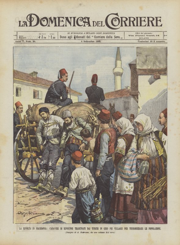A revolta na Macedônia, cadáveres de desordeiros desenhados pelos turcos em volta das aldeias de Achille Beltrame