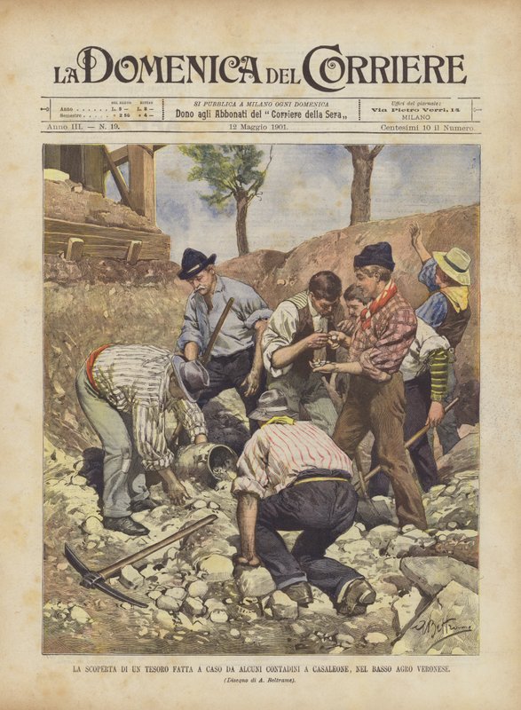 A descoberta de um tesouro feito por alguns camponeses em Casaleone, em Agon Veronese de Achille Beltrame