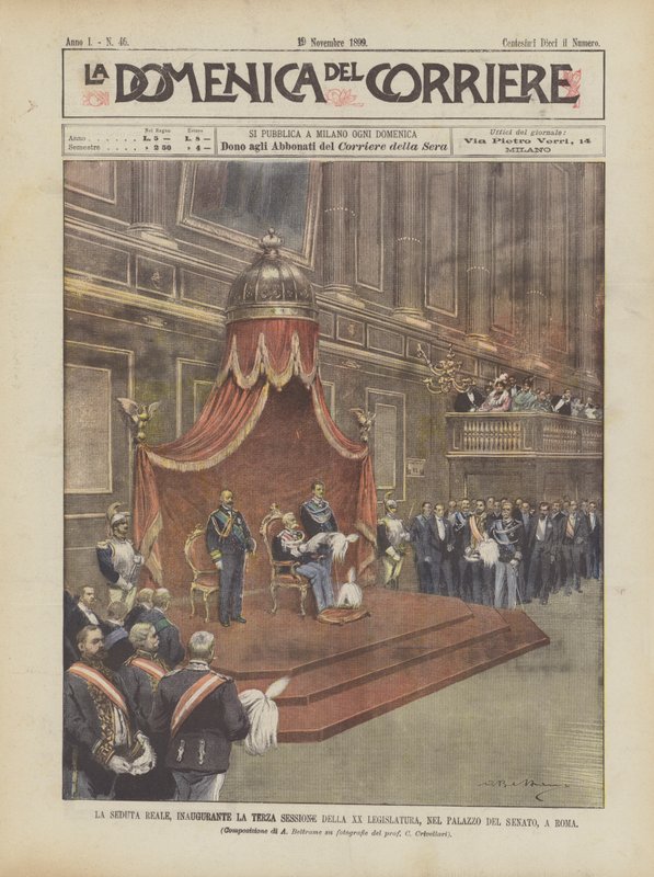 O Royal Seat, inaugurando a Terceira Sessão do Legislativo XX, no Palazzo Del Senato, em Roma de Achille Beltrame