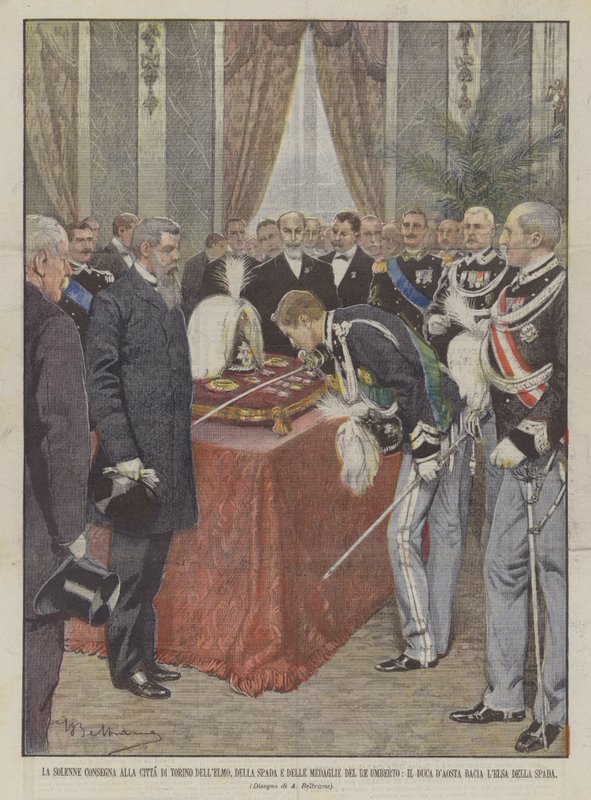 A entrega solene à cidade de Turim DellElmo, Della Spada e medalhas do rei Umberto de Achille Beltrame