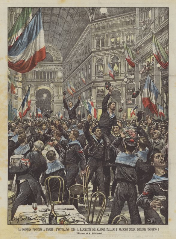 A equipe francesa em Nápoles, o entusiasmo após o banquete de marinheiros italianos e franceses em de Achille Beltrame