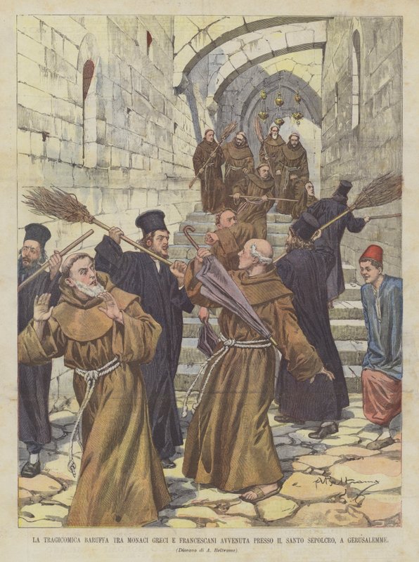 A Tragicomica Baruffa entre monges gregos e franciscanos no Santo Sepulcro, em Jerusalém de Achille Beltrame