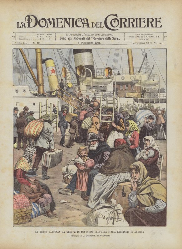 A triste partida de Gênova dos emigrantes Contadini dellAlta Italia na América de Achille Beltrame