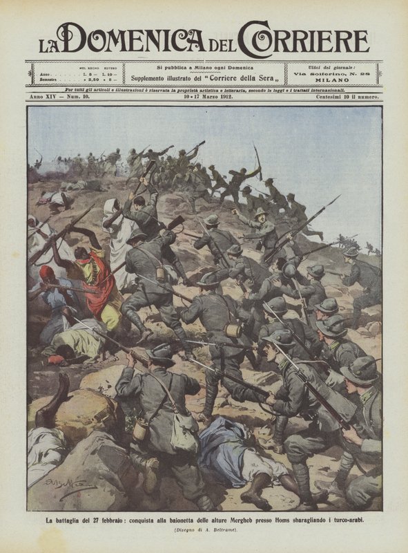 A batalha de 27 de fevereiro, conquista na baioneta das terras altas Mergheb perto de Homs, batendo o turco-árabe de Achille Beltrame