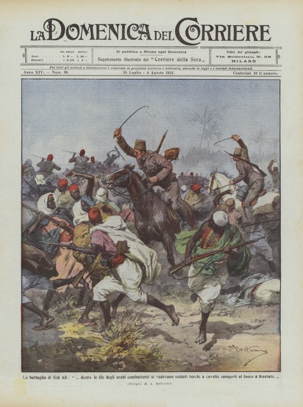 A batalha de Sidi Ali, atrás das fileiras dos combatentes árabes, viu soldados turcos de Achille Beltrame