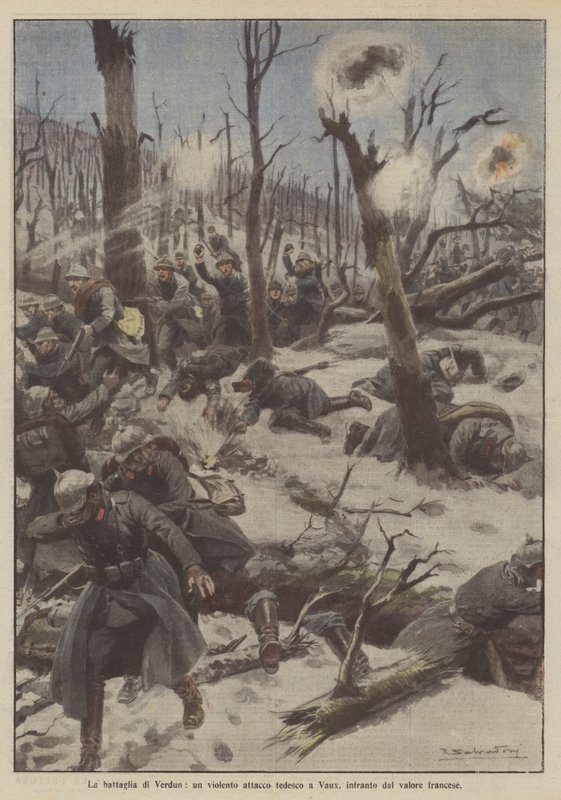 A Batalha de Verdun, um violento ataque alemão contra Vaux, quebrado pelo valor francês de Achille Beltrame