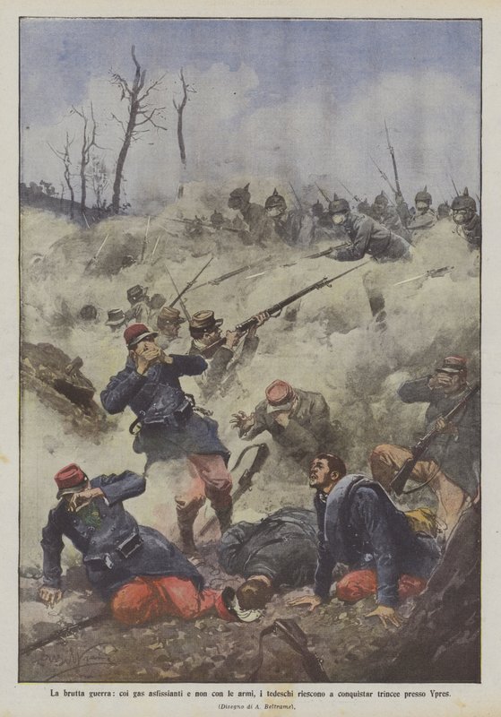 A guerra ruim, com os gases asfixiantes e não com as armas, os alemães conseguem conquistar trincheiras em Ypres de Achille Beltrame
