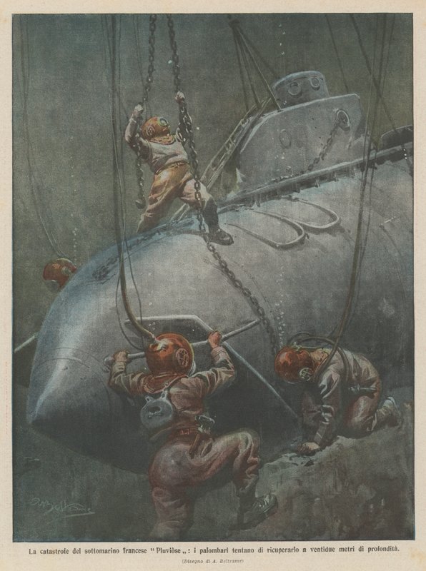 A catástrofe do submarino francês Pluviose, os mergulhadores tentam recuperá-lo a vinte e dois metros de profundidade de Achille Beltrame