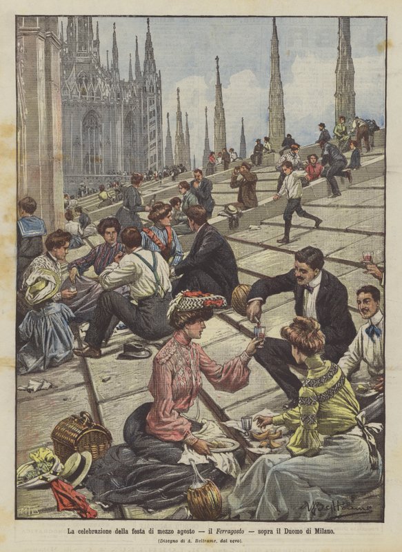 A celebração do festival em meados de agosto, o Ferragosto, acima da Catedral de Milão de Achille Beltrame