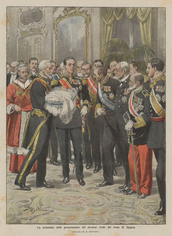 A cerimônia da apresentação do herdeiro recém-nascido ao trono da Espanha de Achille Beltrame