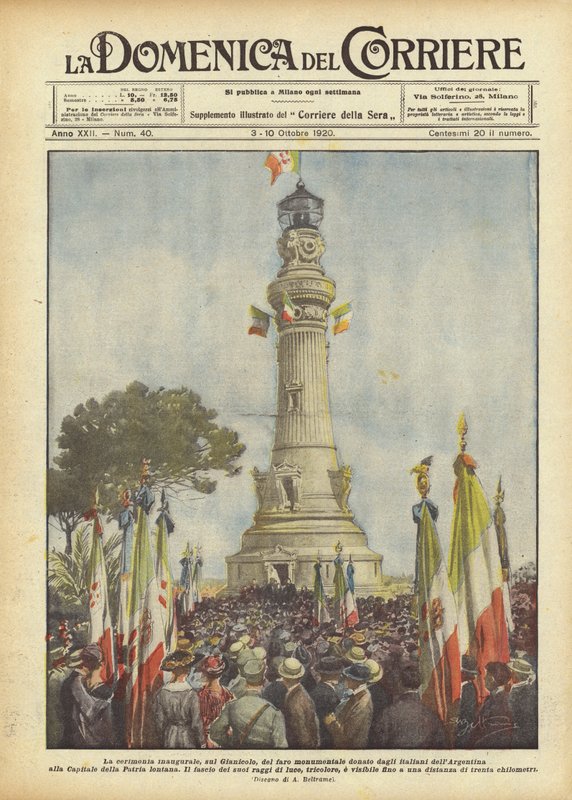 A cerimônia inaugural, no Gianicolo, do monumental farol doado pelos italianos da Argentina de Achille Beltrame