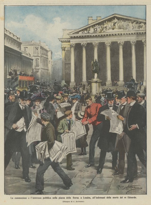 A emoção e o interesse público na praça do mercado, em Londres, após a morte do rei Edward de Achille Beltrame