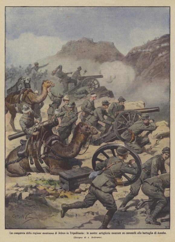 A conquista da região montanhosa de Jefren na Tripolitânia, nossa artilharia montada de Achille Beltrame