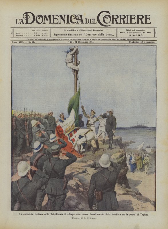 A conquista italiana de Tripolitania aumenta gradualmente, levantando a bandeira na ponta de Tagiura de Achille Beltrame