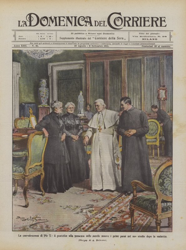 A convalescença de Pio X, o pontífice na presença das irmãs dá os primeiros passos na sua de Achille Beltrame