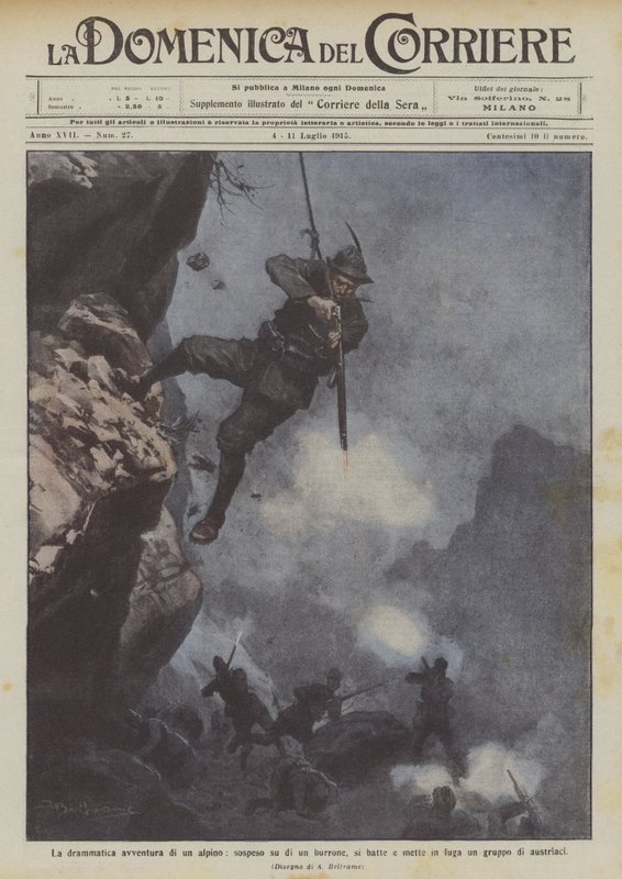 A dramática aventura de um alpino, suspenso em uma ravina, está lutando e fugindo de um grupo de austríacos de Achille Beltrame