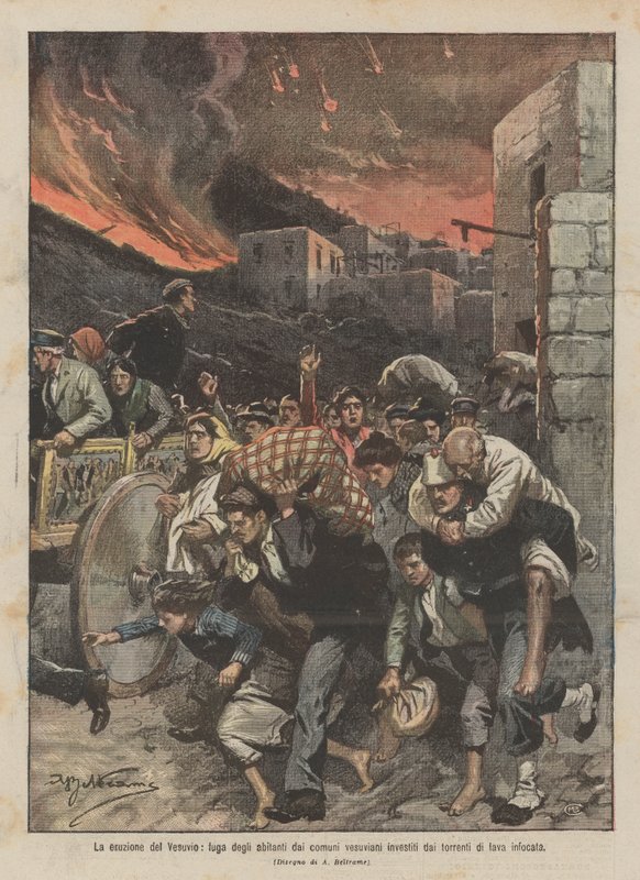 A erupção do Vesúvio, fuga dos habitantes dos municípios do Vesúvio investidos pelas torrentes de lava ardente de Achille Beltrame