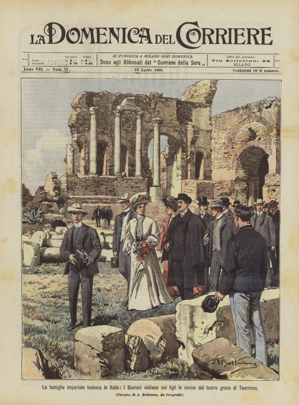 A família imperial alemã na Itália, os soberanos visitam com seus filhos as ruínas do teatro grego de Taormina de Achille Beltrame