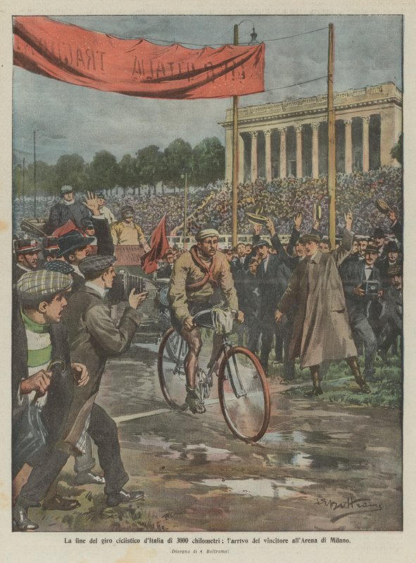 O fim do passeio de bicicleta de 3000 km da Itália, a chegada do vencedor na Arena de Milão de Achille Beltrame