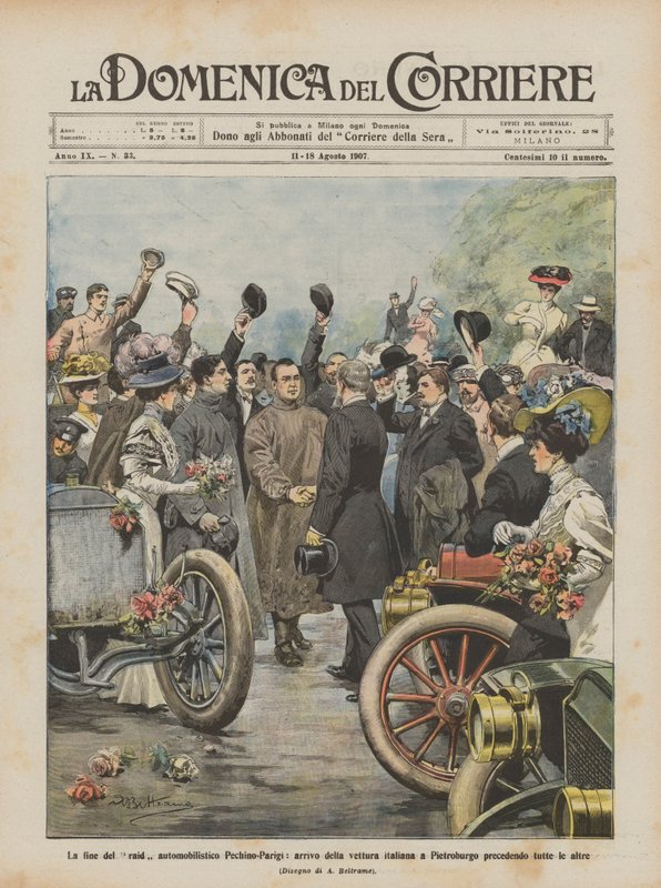 O fim do carro de Pequim-Paris, a chegada do carro italiano em Petersburg de Achille Beltrame