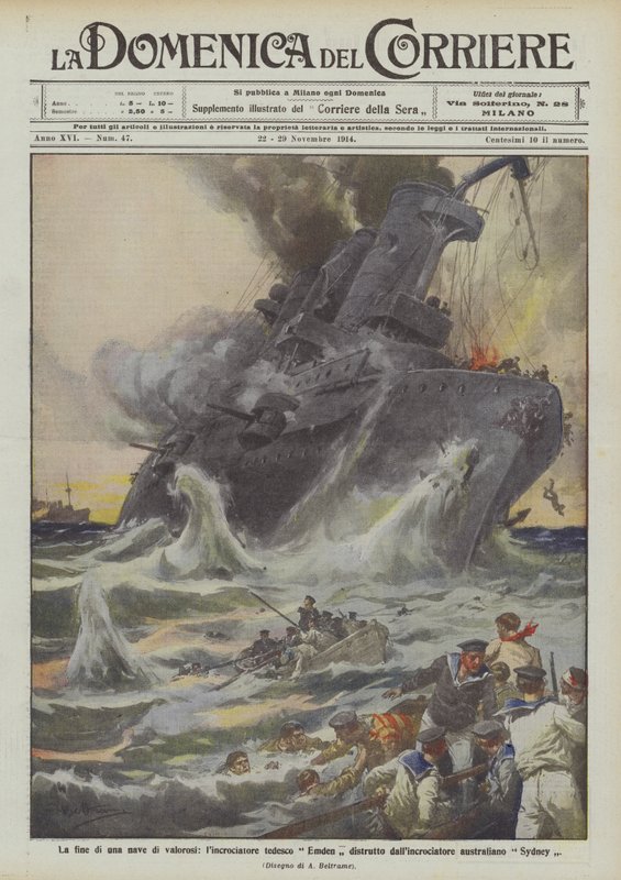 O fim de um navio de bravos, o cruzador alemão Emden destruído pelo cruzador australiano Sydney de Achille Beltrame