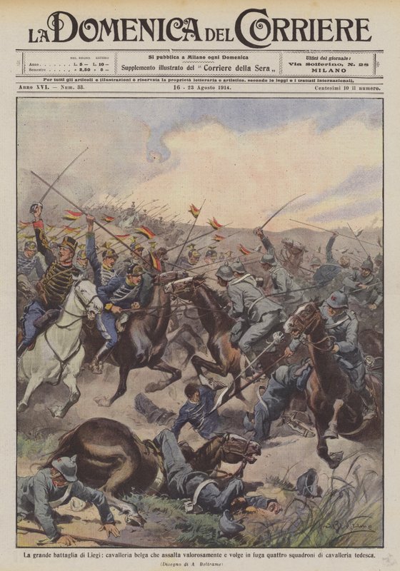 A grande batalha de Liege, uma cavalaria belga que valentemente agride e vira quatro de Achille Beltrame