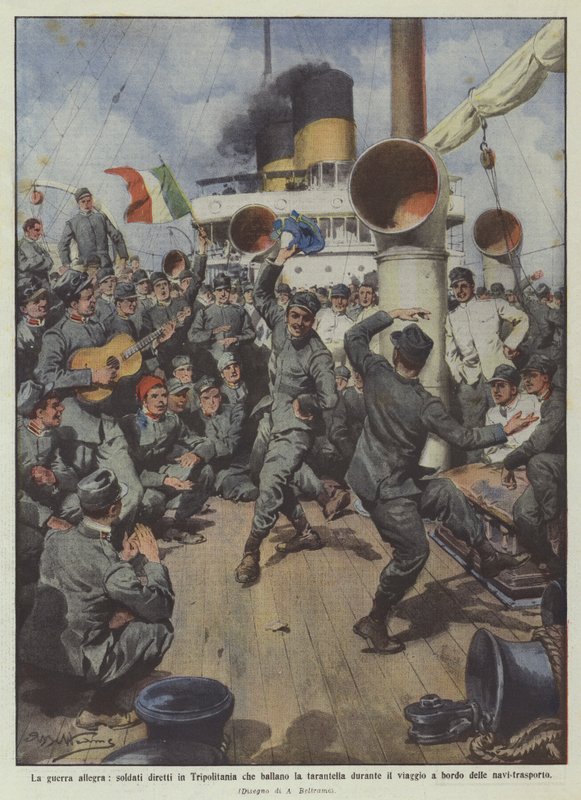A guerra feliz, soldados indo para a Tripolitânia dançando a tarantela durante a viagem de Achille Beltrame