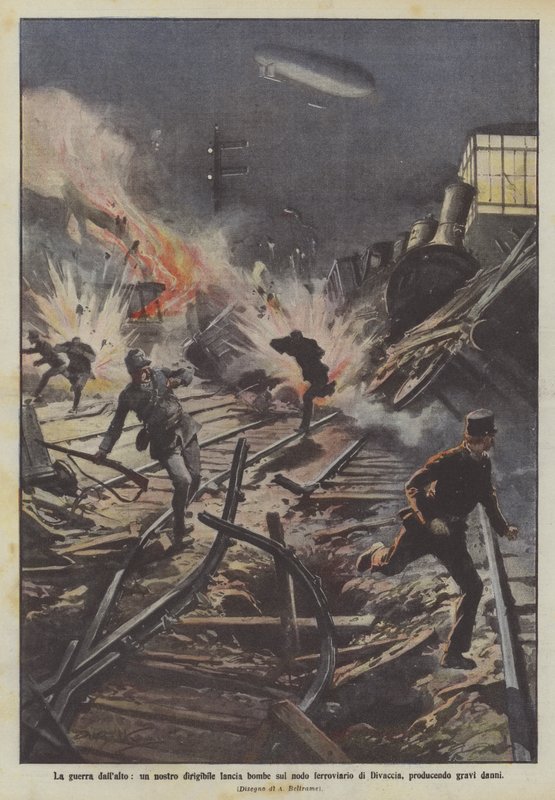 A guerra de cima, um dos nossos dirigíveis lança bombas no cruzamento ferroviário de Divaccia, produzindo sérios danos de Achille Beltrame