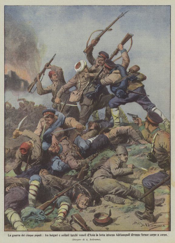 A guerra dos cinco povos, entre búlgaros e soldados turcos vêm da Ásia, a luta em volta de Achille Beltrame