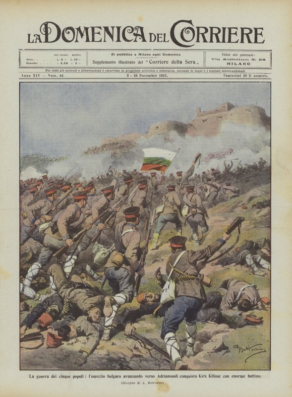 A guerra dos cinco povos, o exército búlgaro avançando em direção a Adrianópolis conquista Kirk Kilisse de Achille Beltrame