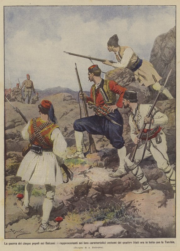 A guerra dos cinco povos nos Balcãs, os representantes em seus costumes característicos do de Achille Beltrame