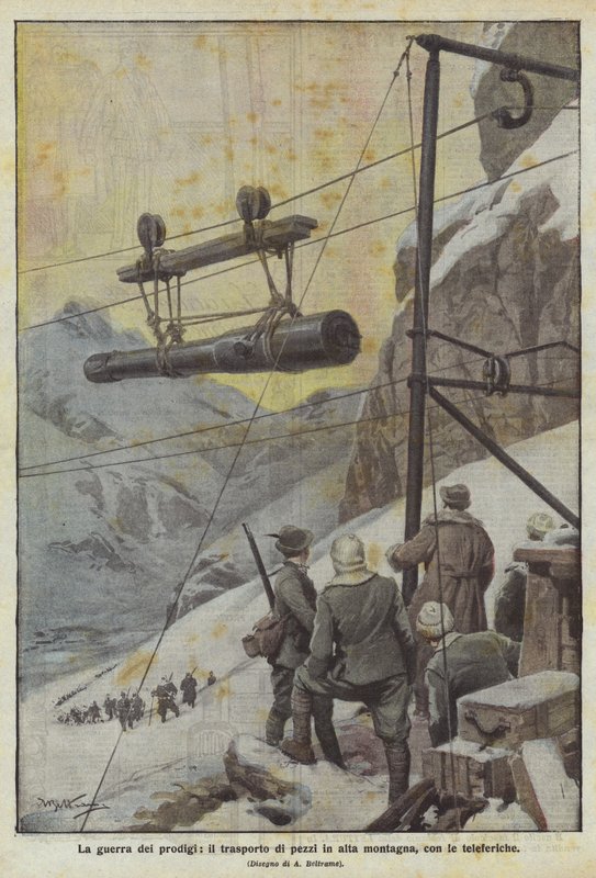 A guerra das maravilhas, o transporte de peças nas altas montanhas, com teleféricos de Achille Beltrame