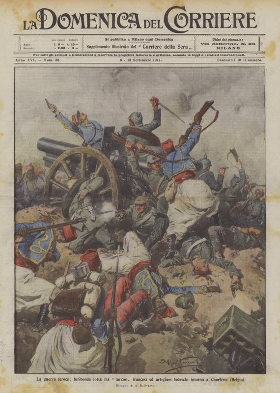 A guerra feroz, luta furiosa entre os franceses Turcos e artilheiros alemães em torno de Charleroi (Bélgica) de Achille Beltrame