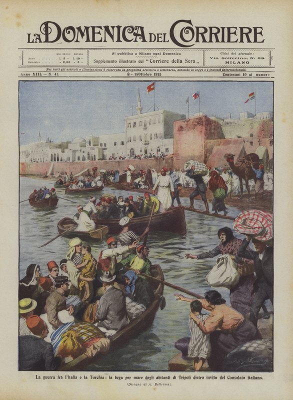 A guerra entre a Itália ea Turquia, a fuga pelo mar dos habitantes de Trípoli, a convite do de Achille Beltrame