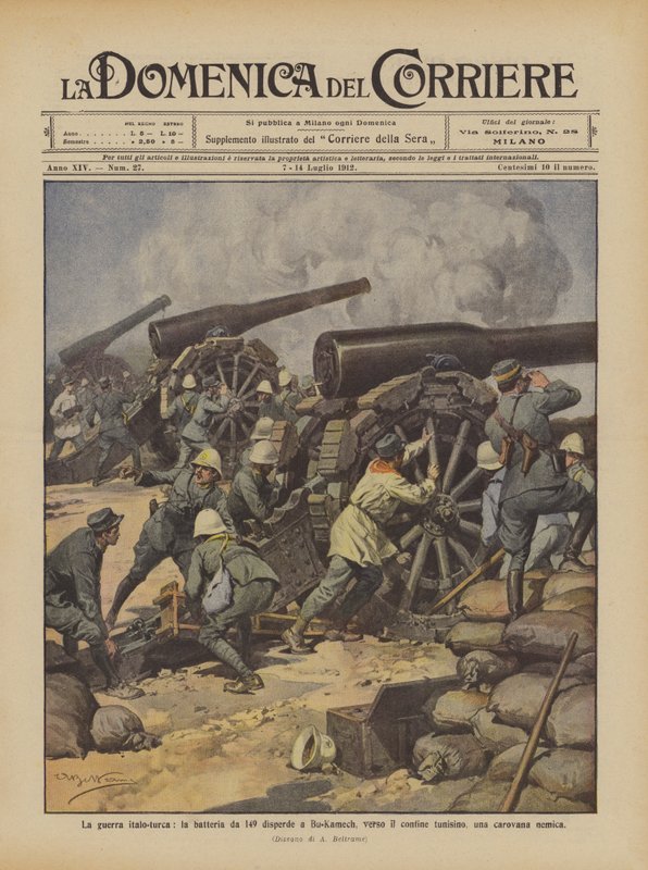 A guerra ítalo-turca, a 149 bateria se dispersa em Bu-Kamech, em direção à fronteira da Tunísia, uma caravana inimiga de Achille Beltrame