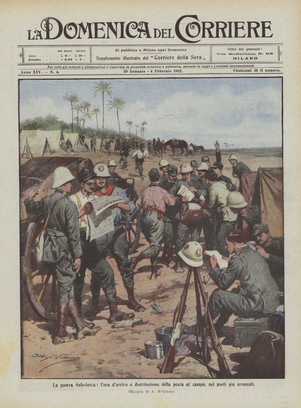 A guerra ítalo-turca, a hora de chegada e distribuição do posto ao acampamento, nos lugares mais avançados de Achille Beltrame