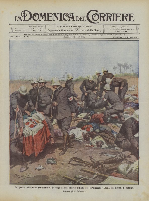 A guerra italiano-turca, a descoberta dos corpos de dois valentes oficiais da cavalaria de Lodi entre os dois de Achille Beltrame
