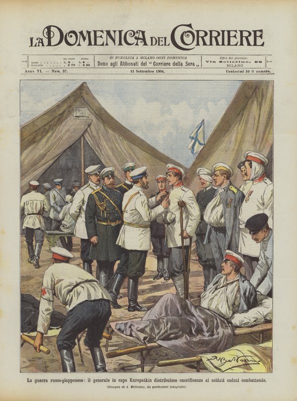 A guerra russo-japonesa, o general em chefe Kuropatkin distribui honras aos soldados mortos lutando de Achille Beltrame