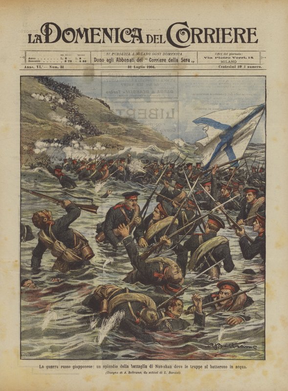 A guerra russa japonesa, um episódio da batalha de Nan-shan onde as tropas lutaram na água de Achille Beltrame
