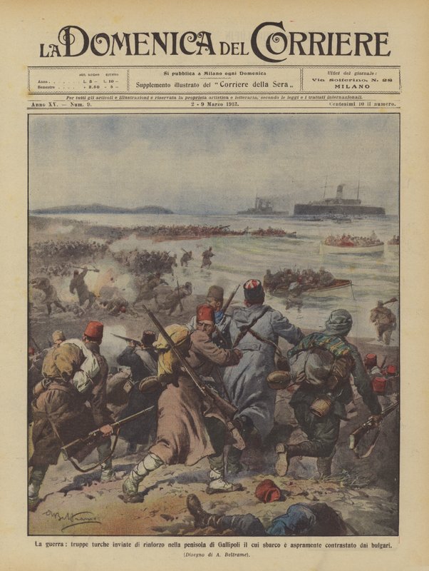 A guerra, as tropas turcas enviaram reforço na península de Gallipoli, cujo desembarque de Achille Beltrame