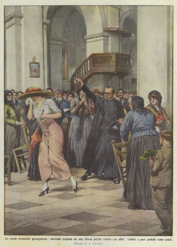 A moda feminina perseguida, menina rejeitada por uma igreja porque vestida com vestidos decotados de Achille Beltrame