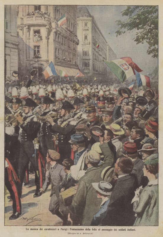 A música dos Carabinieri em Paris, o entusiasmo da multidão na passagem dos soldados italianos de Achille Beltrame