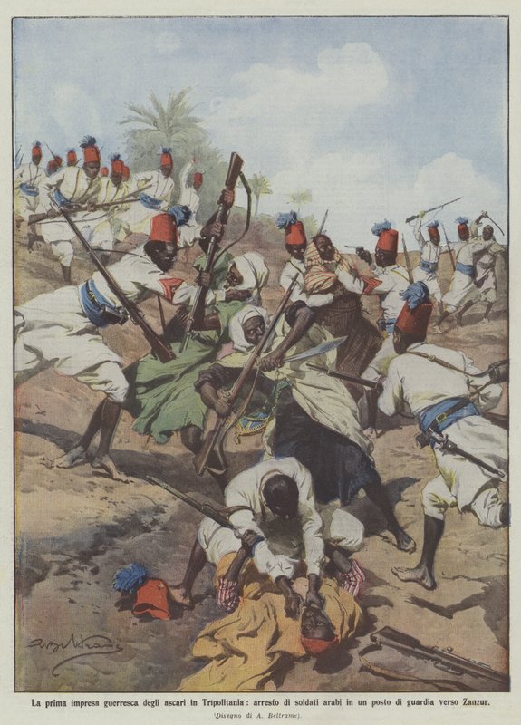 O primeiro empreendimento guerreiro do ascari em Tripolitania, prisão de soldados árabes em um só lugar de Achille Beltrame