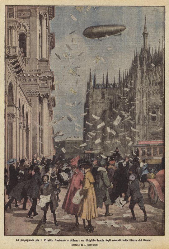 A propaganda do Empréstimo Nacional em Milão, uma aeronave lança folhas coloridas na Piazza del Duomo de Achille Beltrame